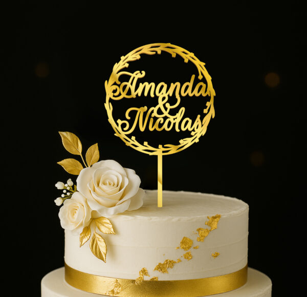Topper gâteau mariage personnalisé – Prénoms en cercle élégant en bois ou acrylique