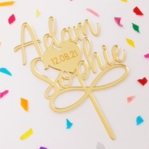 Topper coloré avec prénoms et date – Style festif en bois ou acrylique