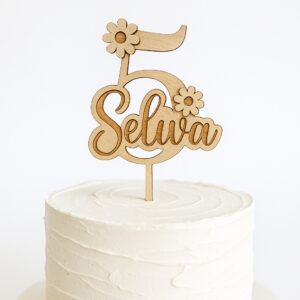 Topper gâteau anniversaire fille – prénom et âge fleuri en bois ou acrylique