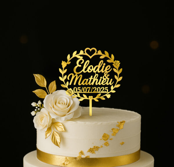 Topper mariage personnalisé – Prénoms et date dans un cercle feuillage élégant