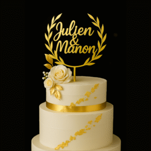 Topper Mariage personnalisé avec prénoms – Feuillage élégant – Acrylique doré