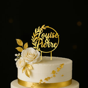 Topper Mariage Personnalisé avec Prénoms – Cercle feuillage élégant